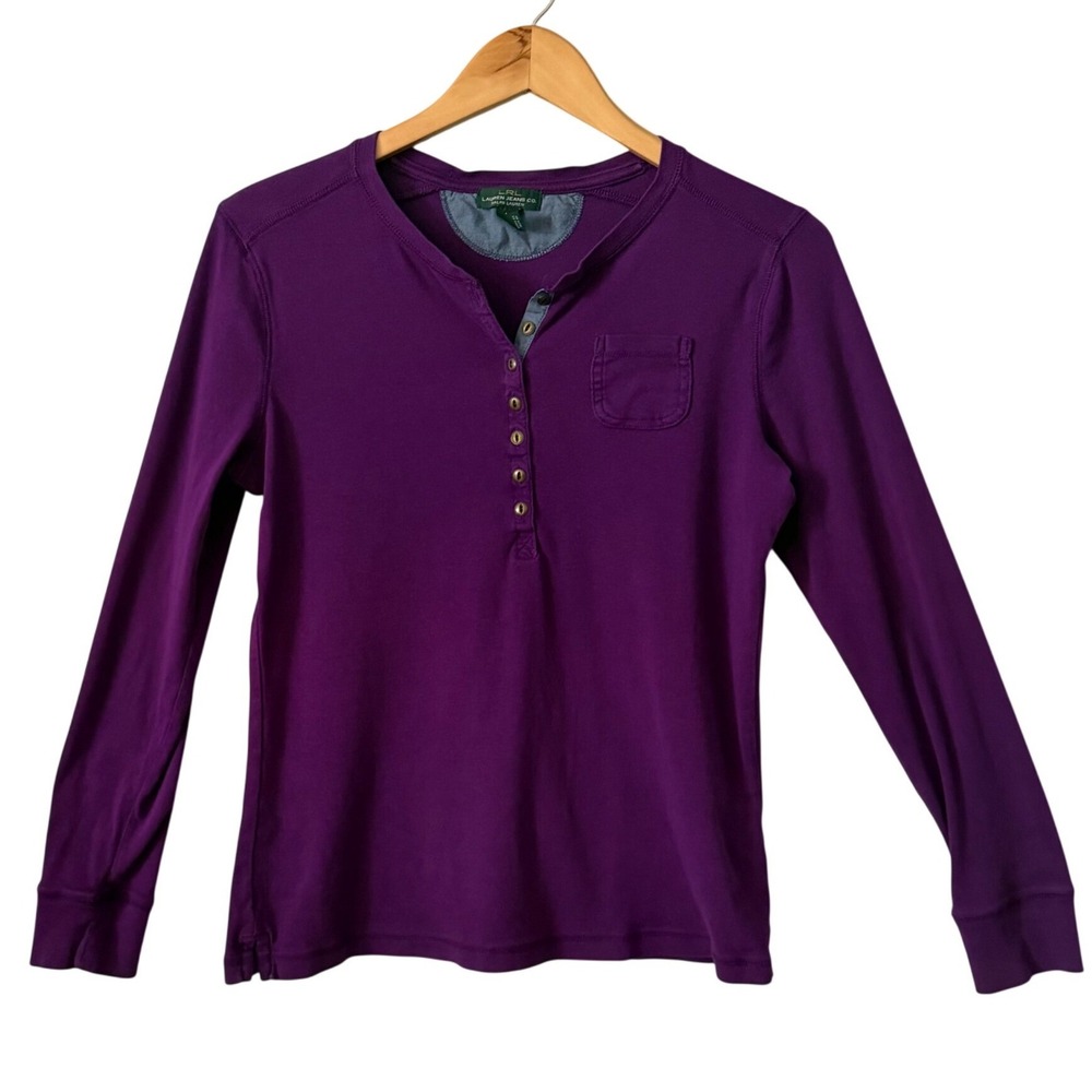 Lauren Ralph Lauren Sz Md Purple Cotton Equestrian Long Sleeve Henley Top Preppy